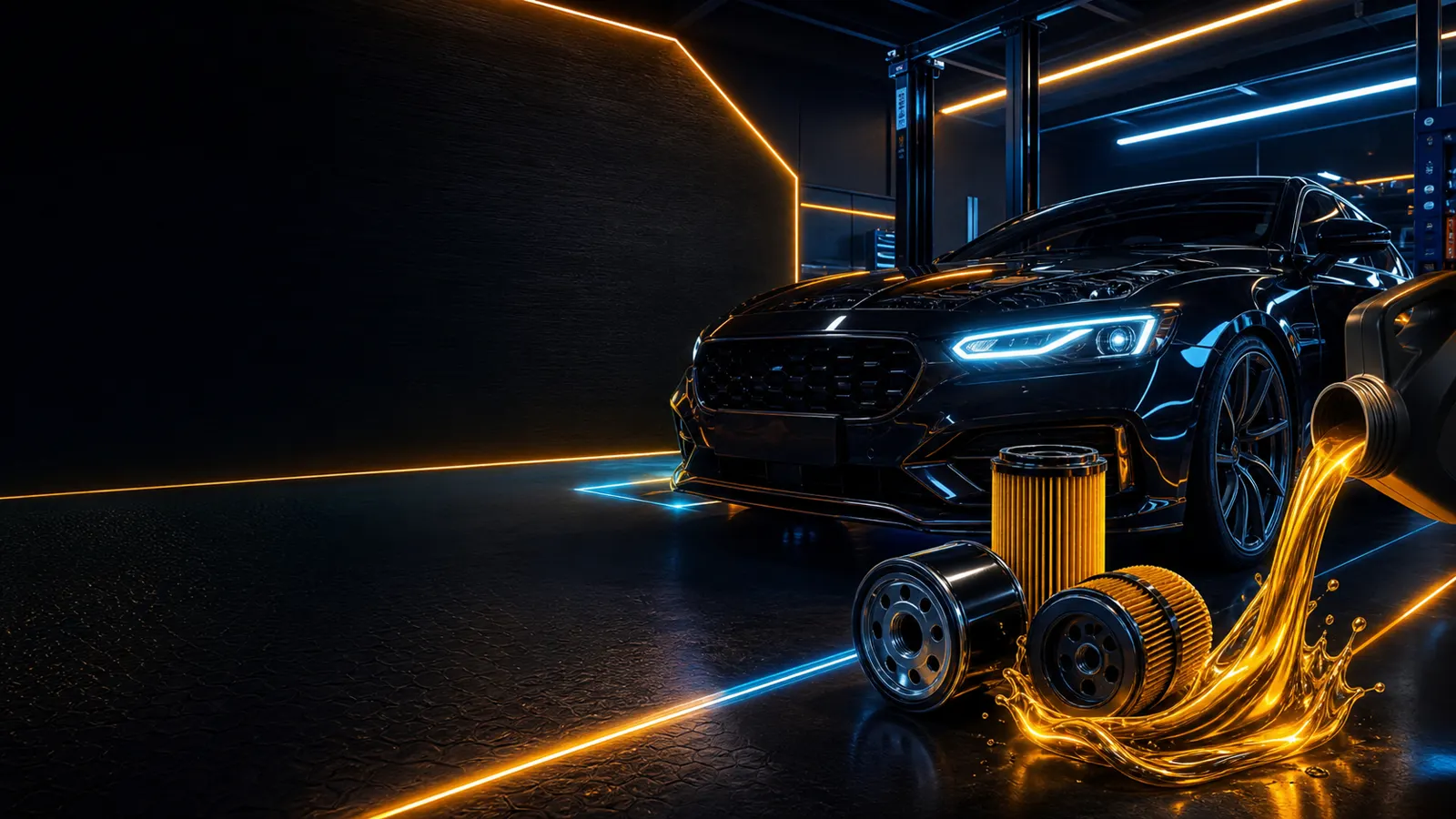 Troca de oleo premium com carro em oficina neon